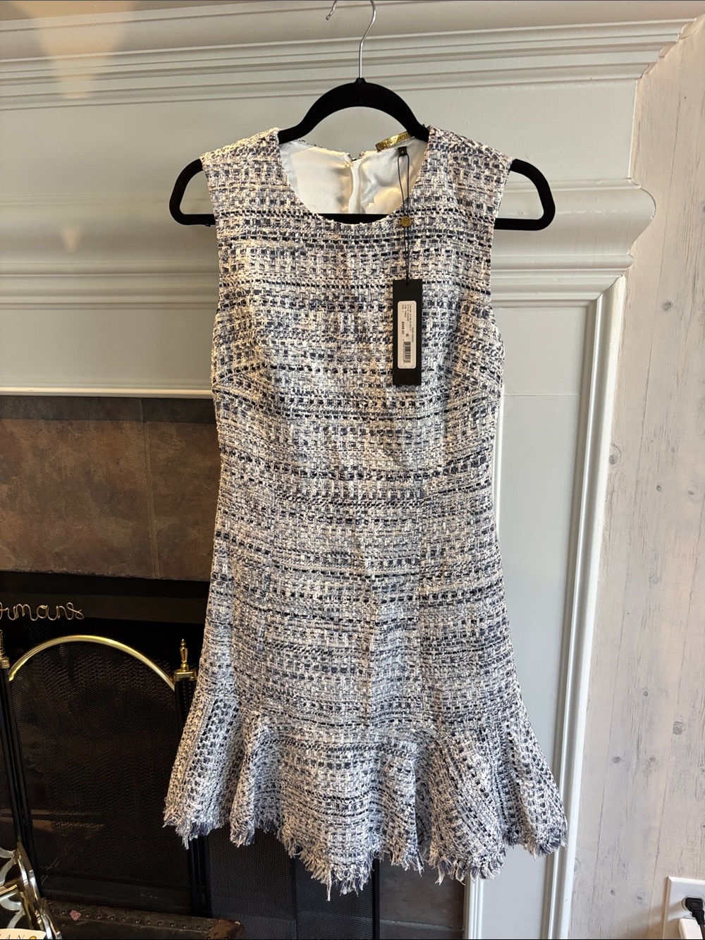 Kobi Halperin Ivory and Navy Tweed Fringe-Hem Mini Dress